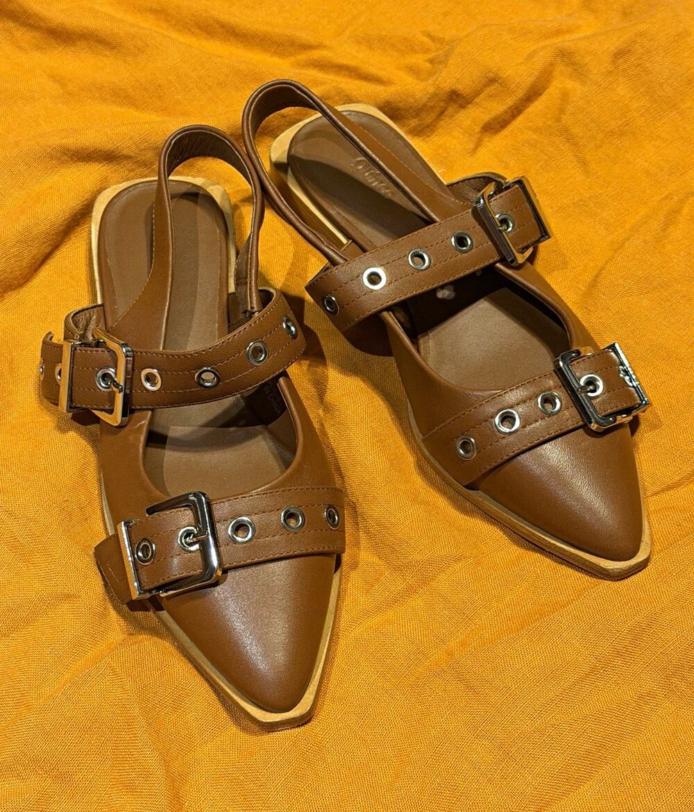 Quince Women’s Brown Cognac Leather Bold Buckle Slingback Flat Sandals 7